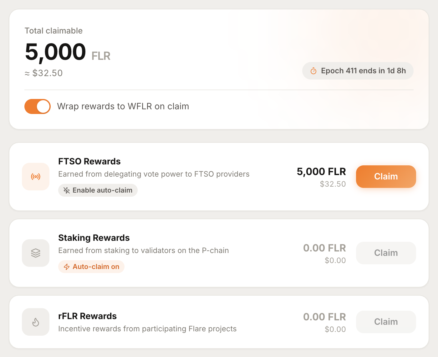 The AU app rewards screen with auto-claim enabled for staking rewards but not yet for FTSO rewards